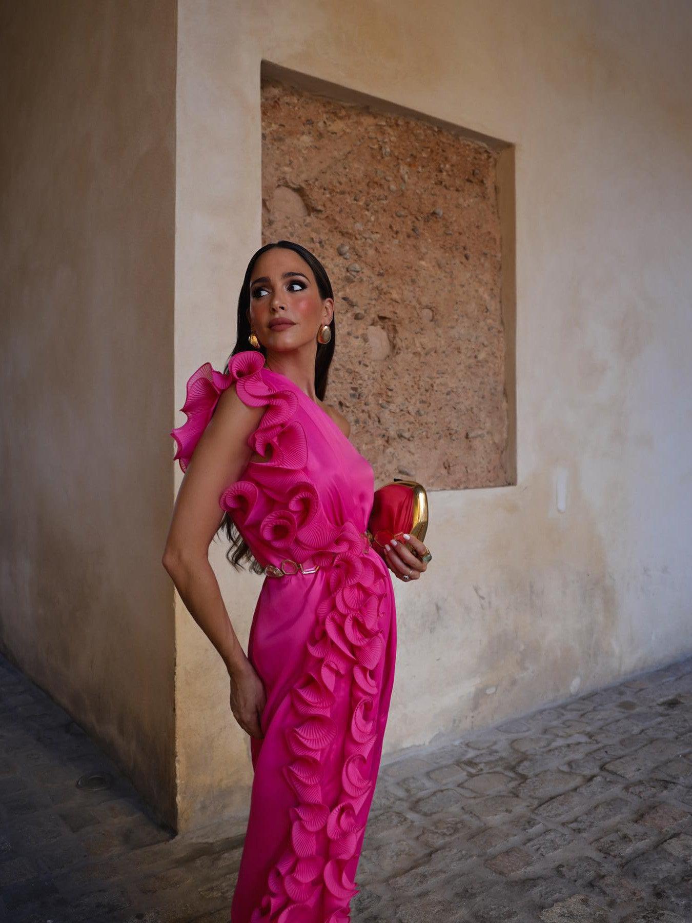 One Shoulder Ruffles Pink Dress