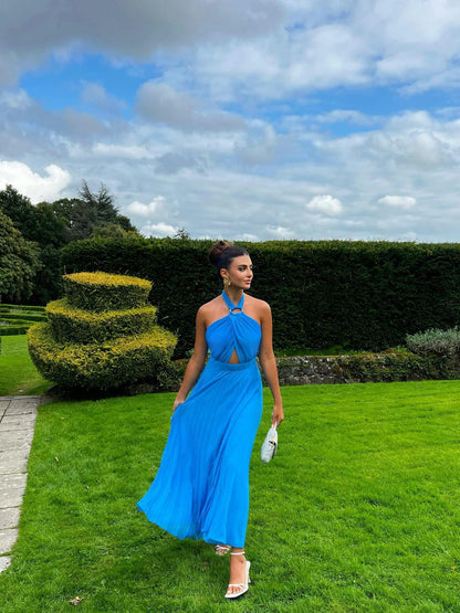 Halterneck Blue Cutout Pleated Dress wit Buckle