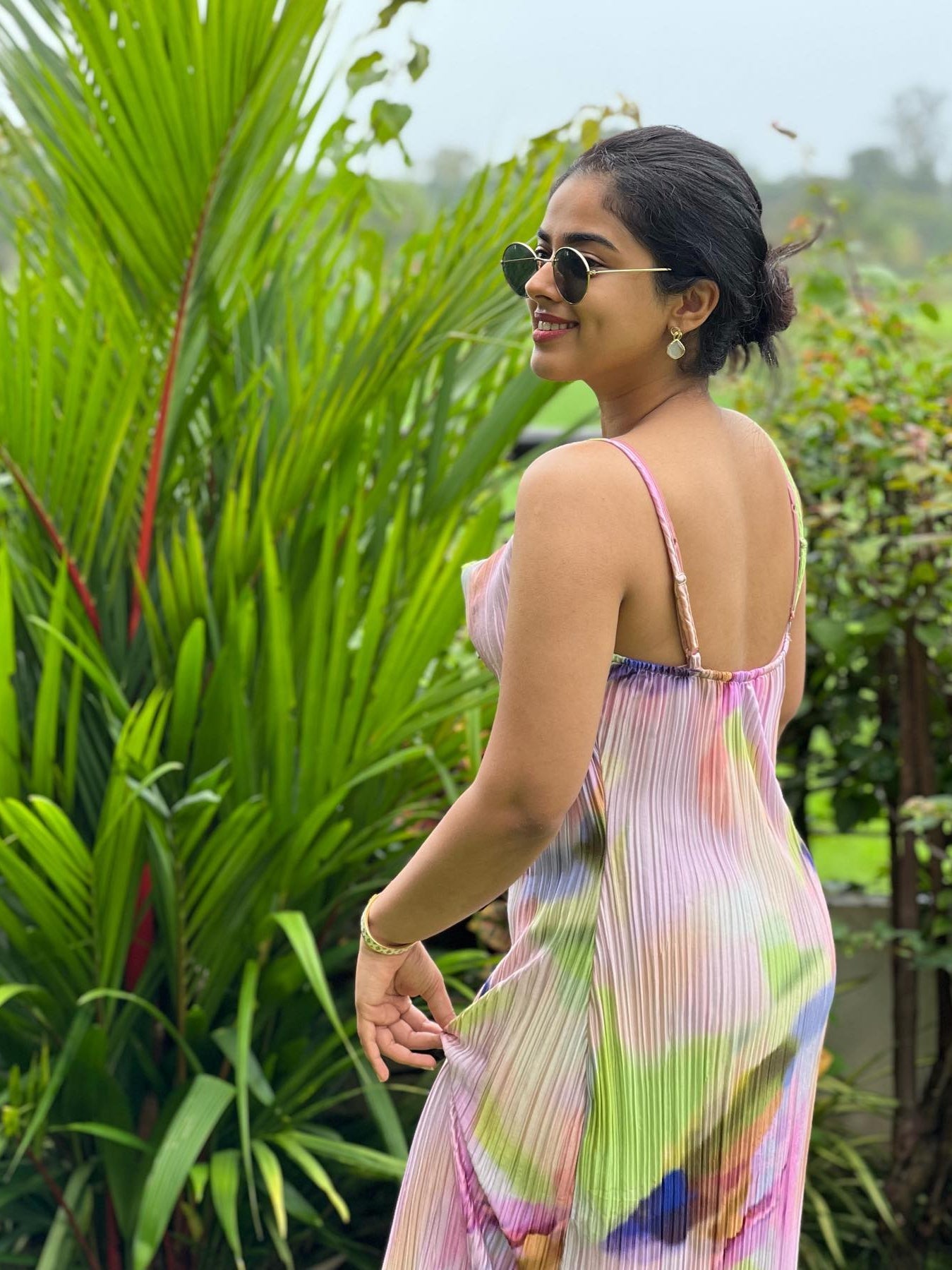 Spaghetti Strap Pleated Cowl Neck Maxi Dress