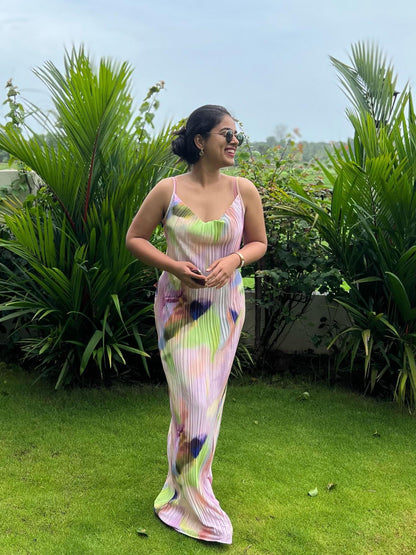 Spaghetti Strap Pleated Cowl Neck Maxi Dress