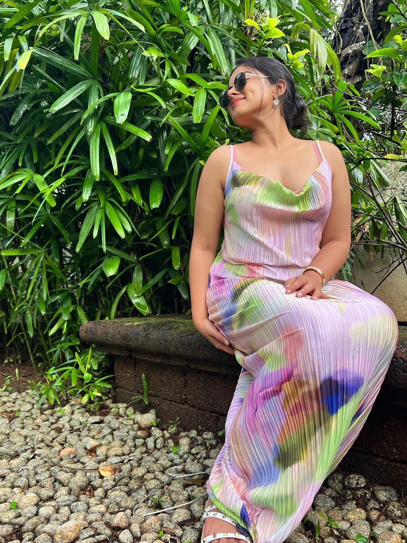 Spaghetti Strap Pleated Cowl Neck Maxi Dress