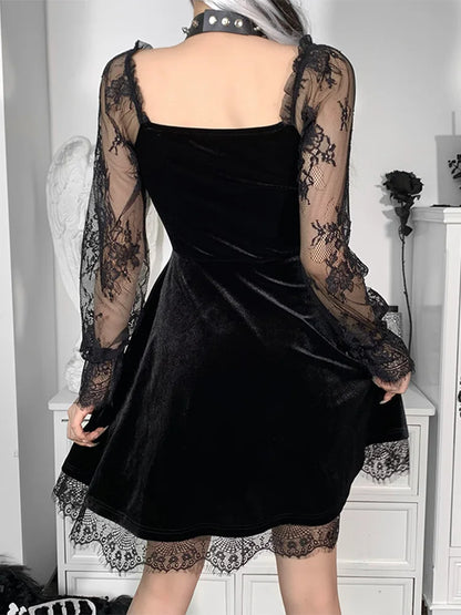 Sweetheart Lace Trim Bow Accent Velvet Lace Sleeve A-Line Mini Dress
