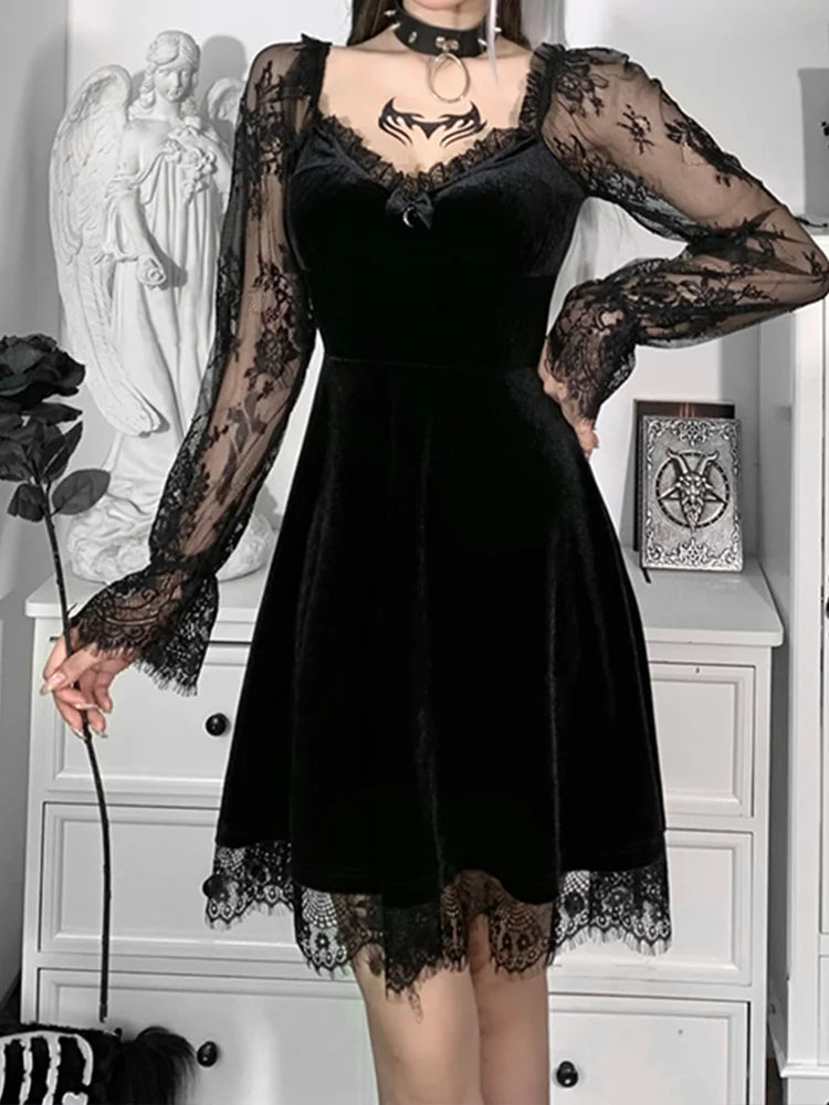 Sweetheart Lace Trim Bow Accent Velvet Lace Sleeve A-Line Mini Dress