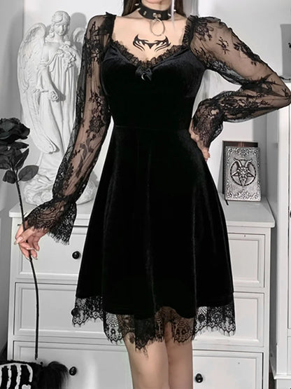 Sweetheart Lace Trim Bow Accent Velvet Lace Sleeve A-Line Mini Dress