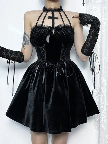 Velvet Corset Lace Up Halter Cross Charm Lace Cuff A-Line Mini Dress