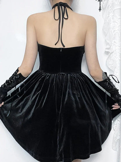 Velvet Corset Lace Up Halter Cross Charm Lace Cuff A-Line Mini Dress