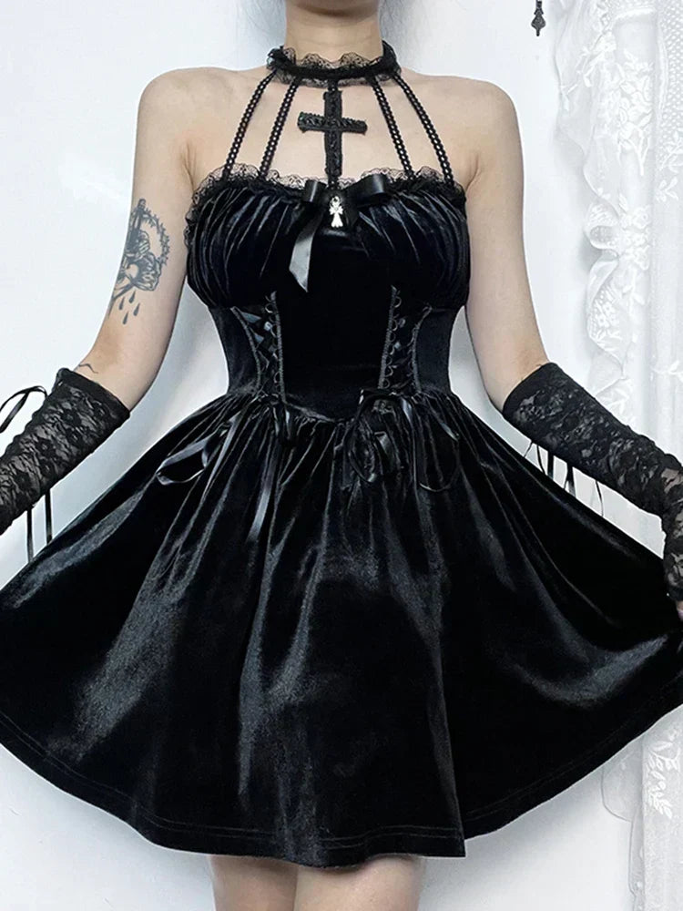Velvet Corset Lace Up Halter Cross Charm Lace Cuff A-Line Mini Dress