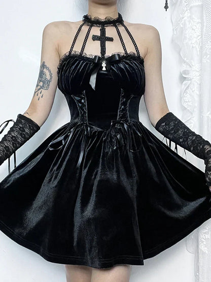 Velvet Corset Lace Up Halter Cross Charm Lace Cuff A-Line Mini Dress