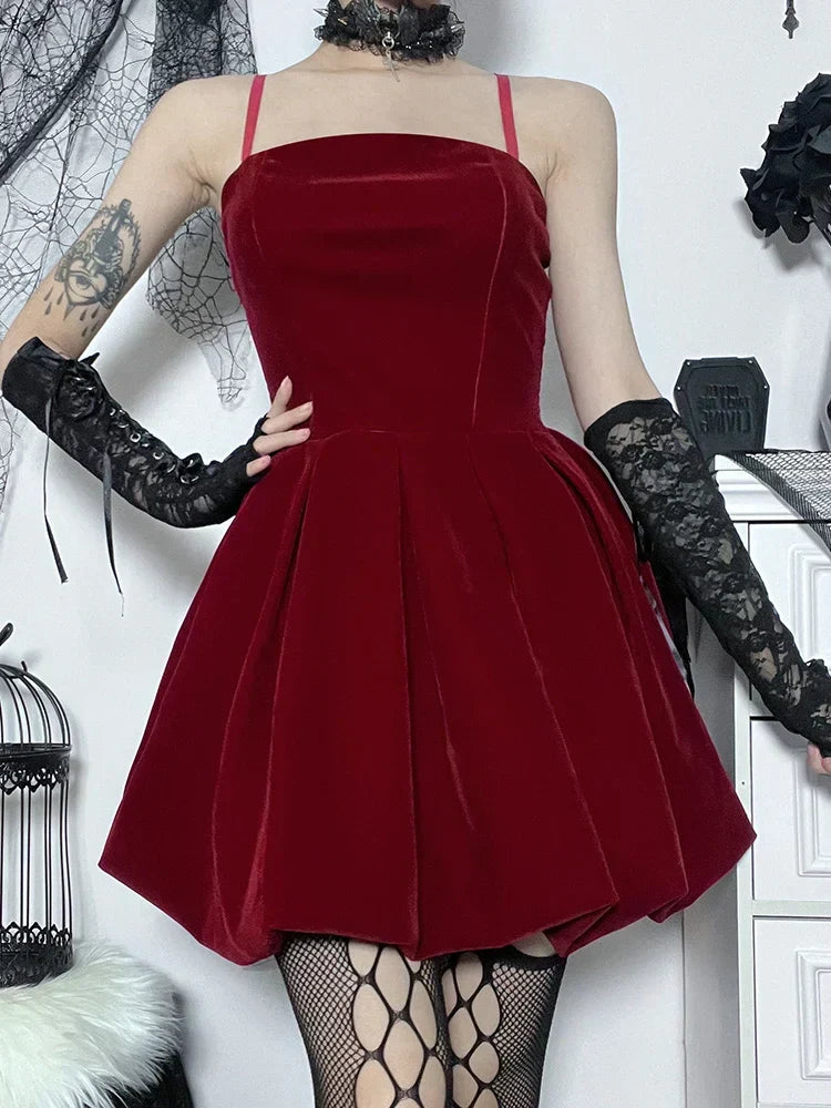 Velvet Square Neck Spaghetti Strap Shirred Corset Bubble Hem Mini Dress