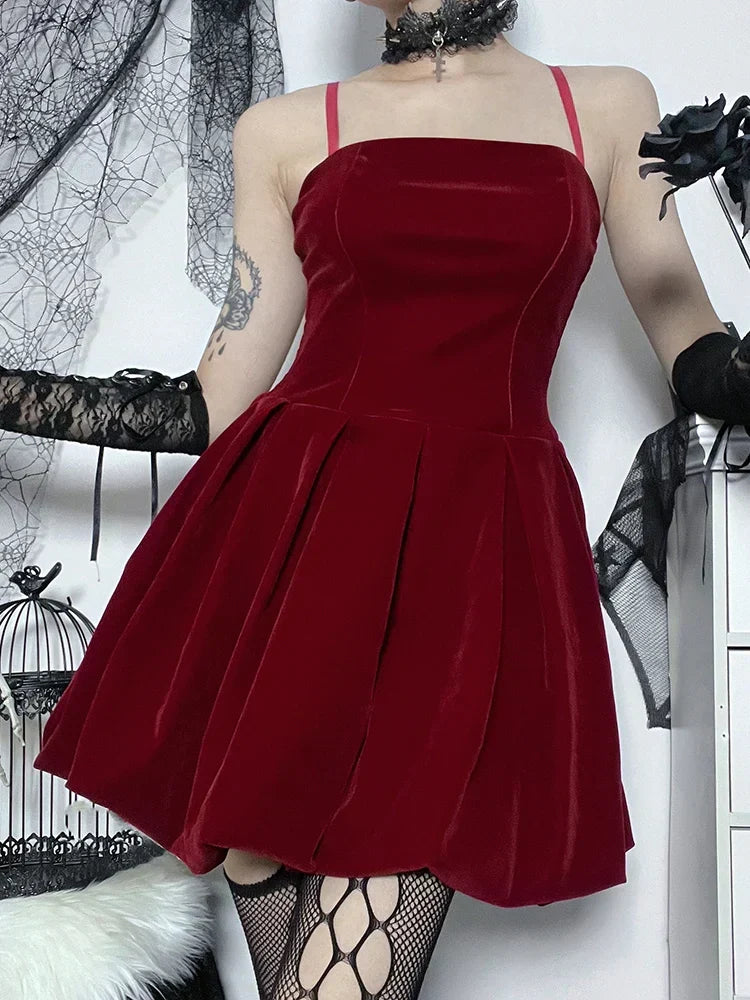 Velvet Square Neck Spaghetti Strap Shirred Corset Bubble Hem Mini Dress