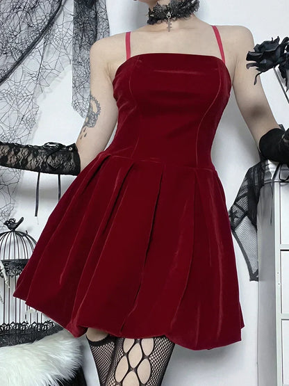 Velvet Square Neck Spaghetti Strap Shirred Corset Bubble Hem Mini Dress