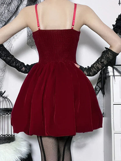 Velvet Square Neck Spaghetti Strap Shirred Corset Bubble Hem Mini Dress