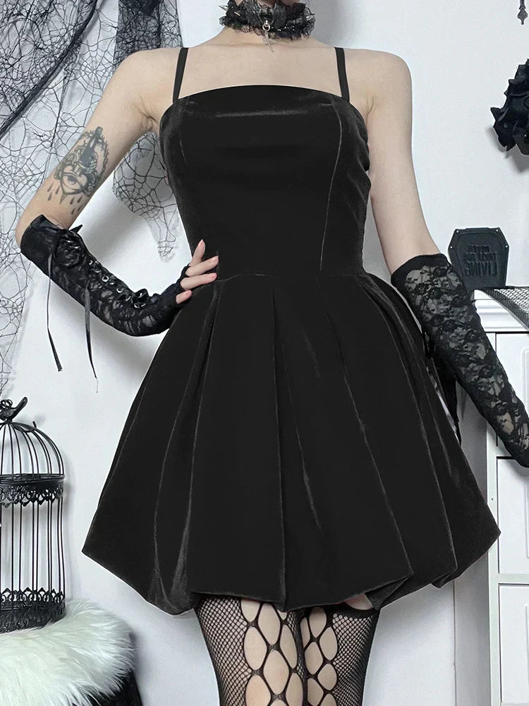 Velvet Square Neck Spaghetti Strap Shirred Corset Bubble Hem Mini Dress