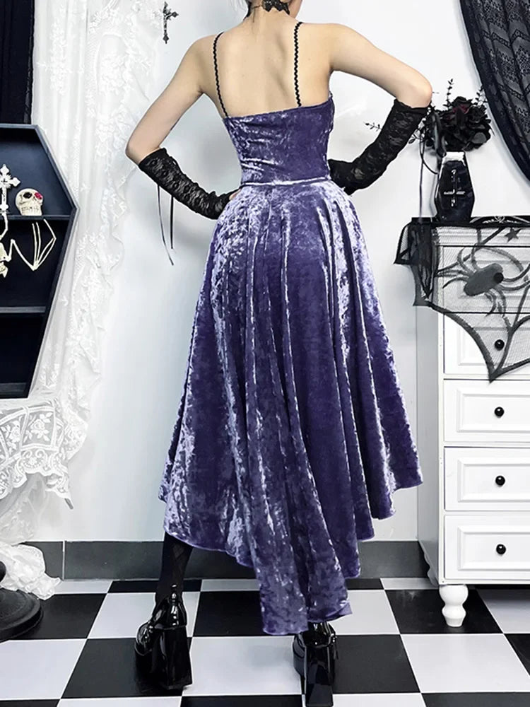 Velvet Lace Panel Corset Spaghetti Strap High-Low Ruffle Hem Dress