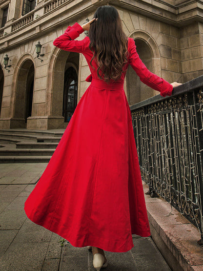 Trench Coats For Woman Red V Neck Long Sleeves Sash Stretch Casual Full Length Coat