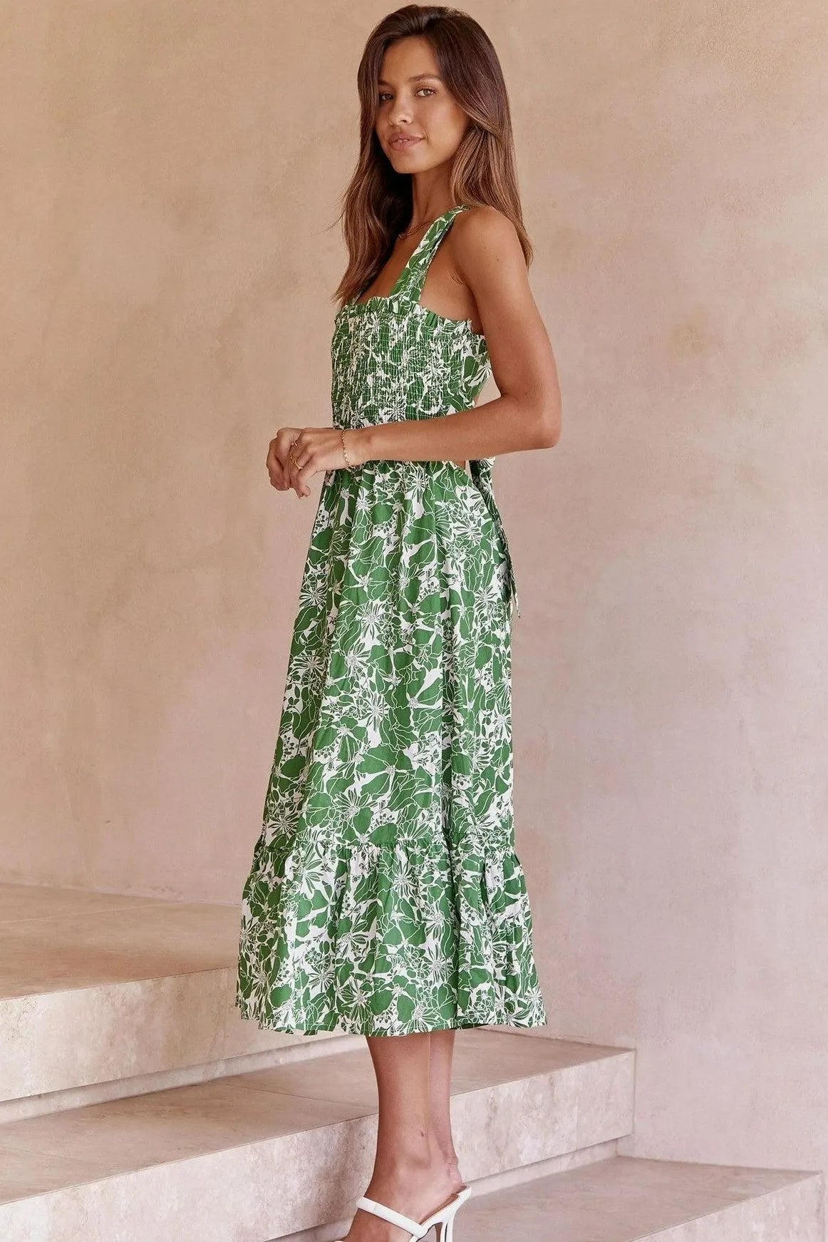 Floral Cami Lace Up Ruffle Mid Dress Green