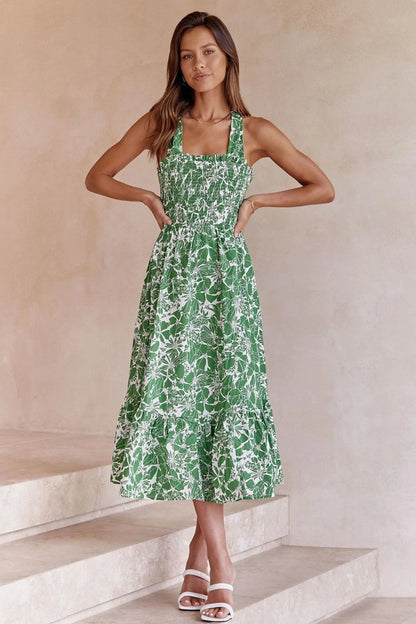Floral Cami Lace Up Ruffle Mid Dress Green