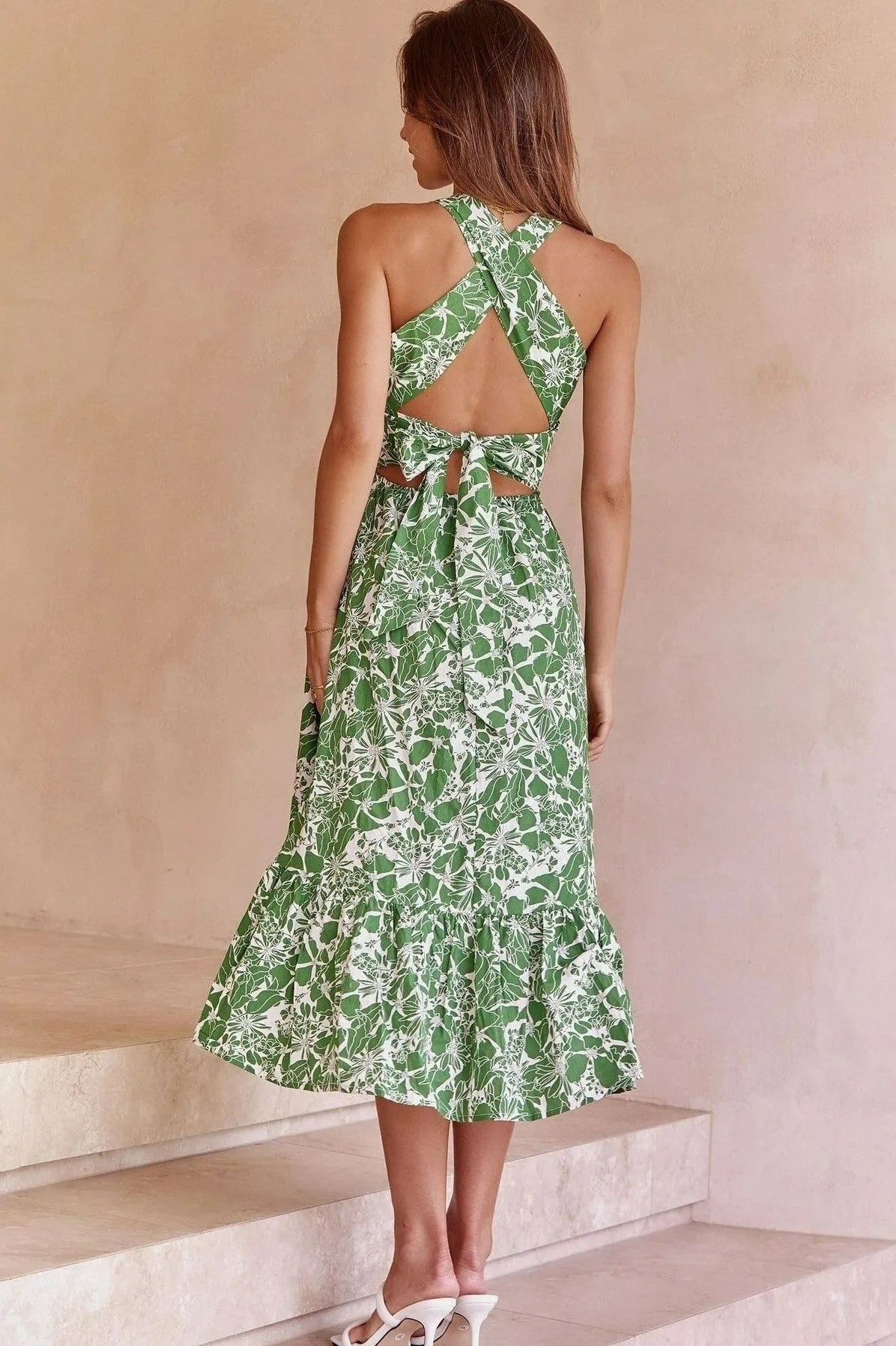 Floral Cami Lace Up Ruffle Mid Dress Green