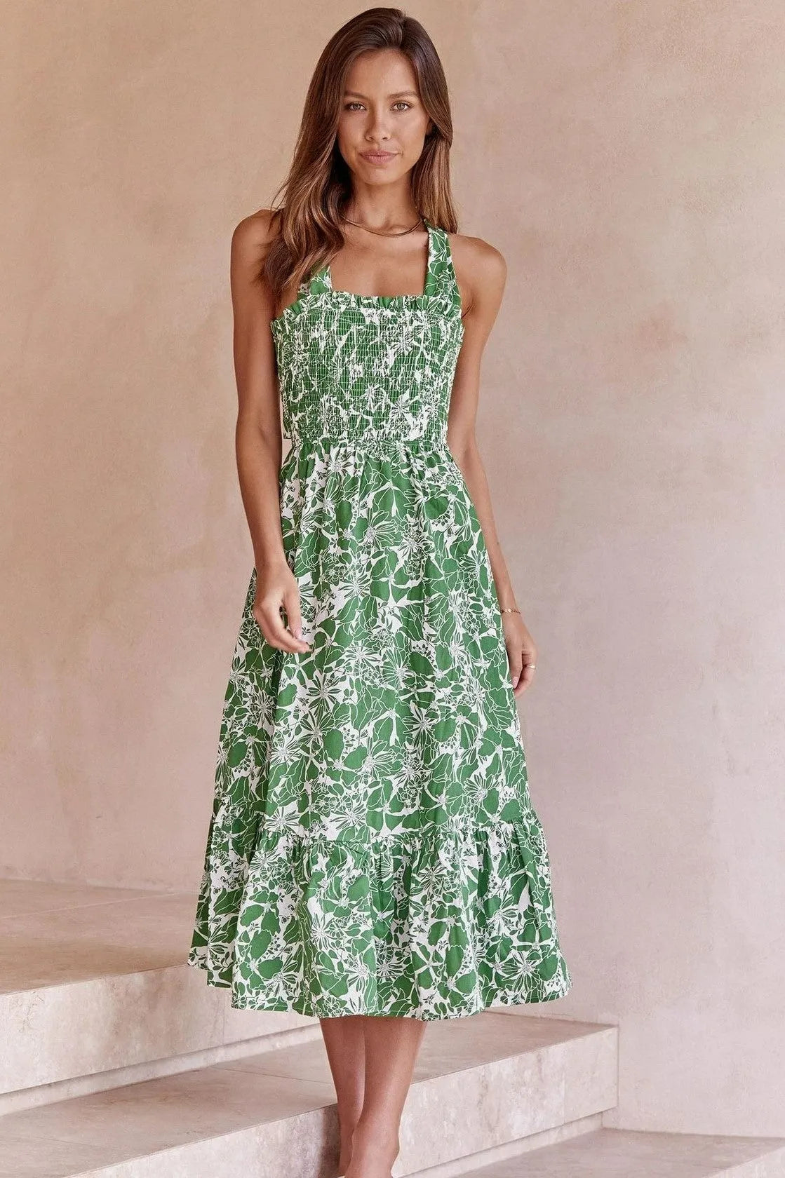 Floral Cami Lace Up Ruffle Mid Dress Green