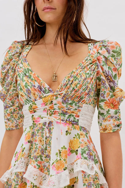 Floral V-Neck Puff Sleeve Ruffle Hem Mini Dress