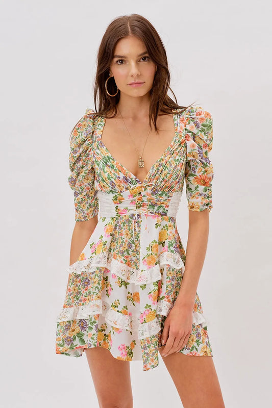 Floral V-Neck Puff Sleeve Ruffle Hem Mini Dress