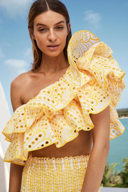 Lace One-Shoulder Tiered Ruffle Top & Fishtail Dress Set