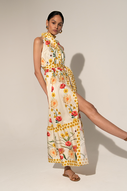 Floral High Collar Sleeveless Lace Up Midi Dress