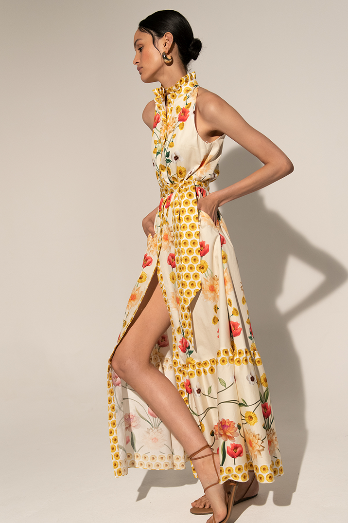 Floral High Collar Sleeveless Lace Up Midi Dress