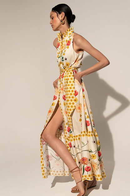 Floral High Collar Sleeveless Lace Up Midi Dress