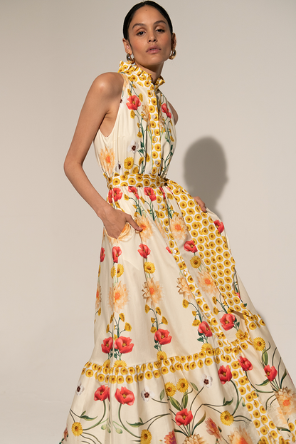 Floral High Collar Sleeveless Lace Up Midi Dress