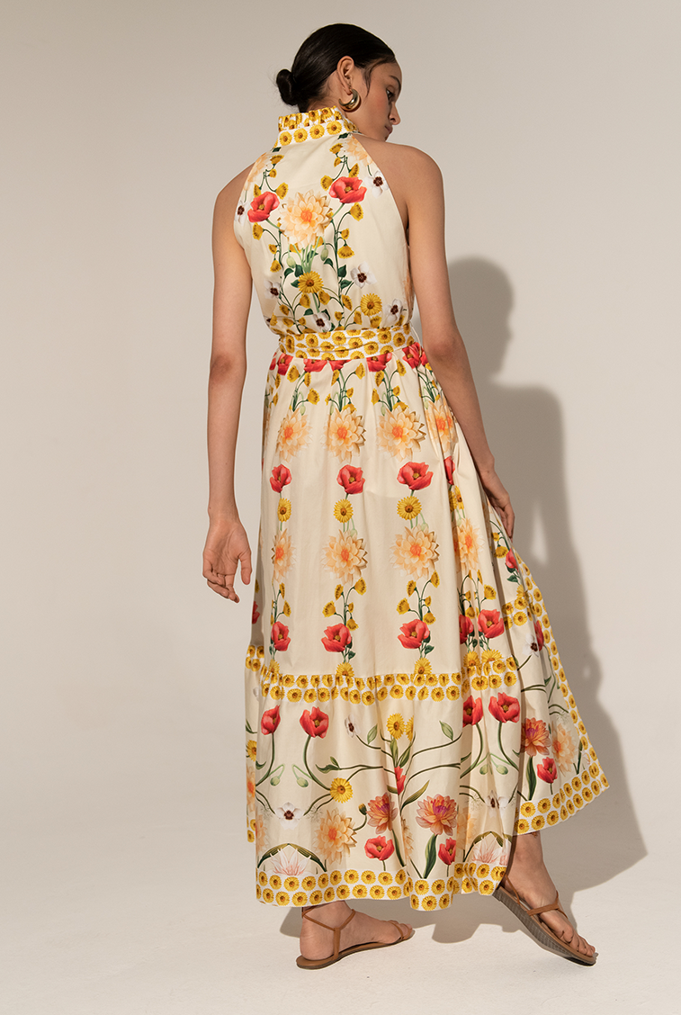 Floral High Collar Sleeveless Lace Up Midi Dress