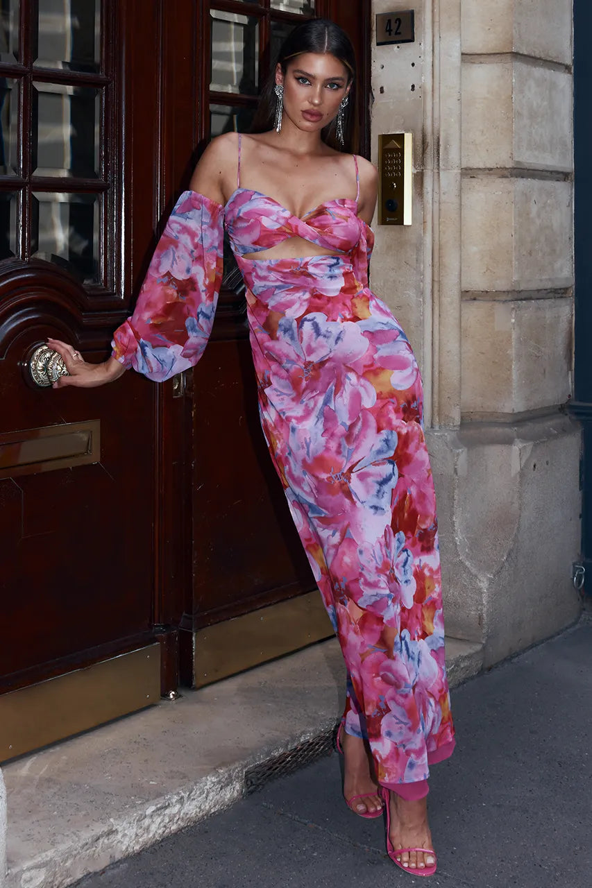 Floral Off-Shoulder Knot Cami Maxi Dress Pink