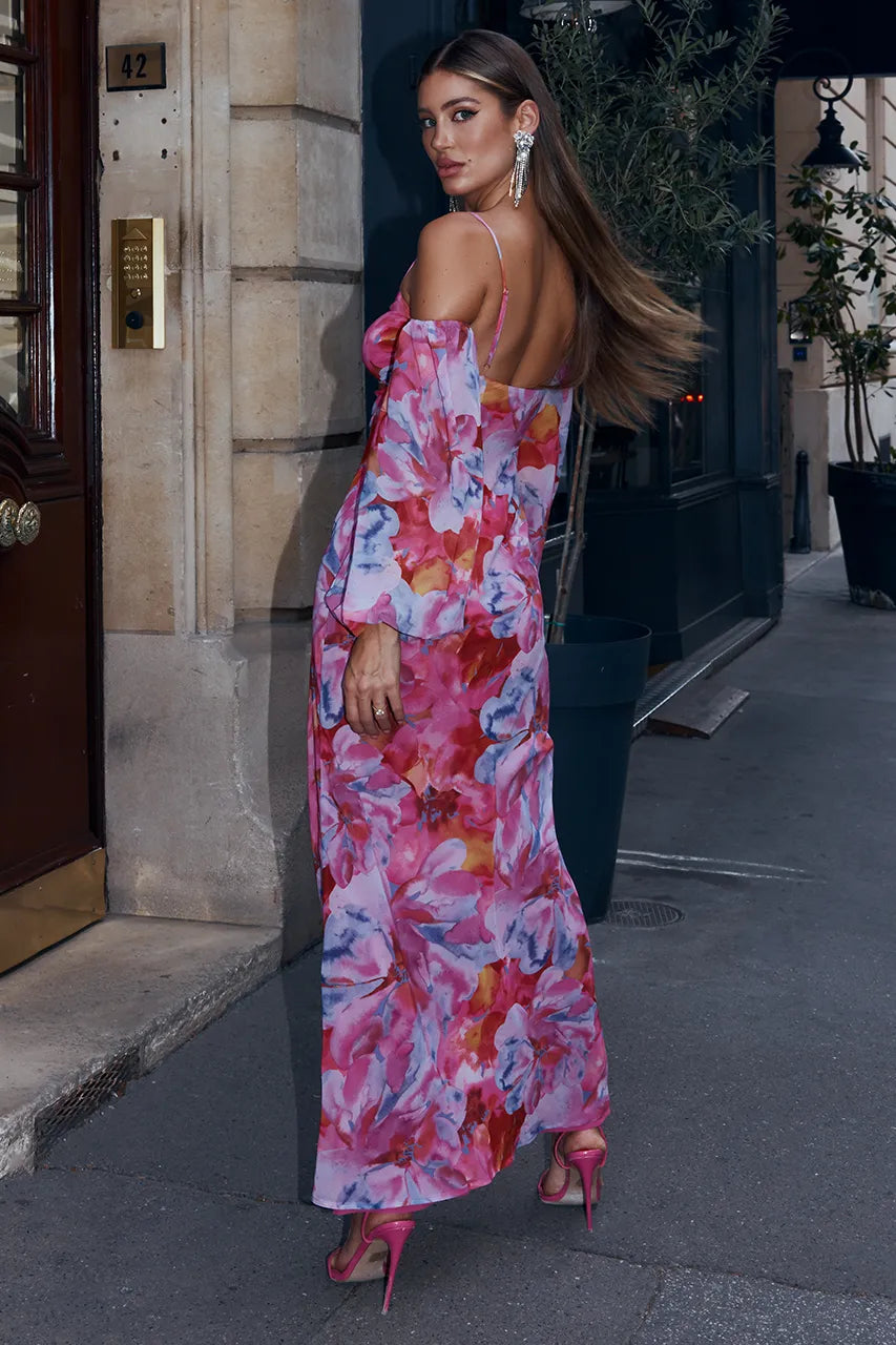 Floral Off-Shoulder Knot Cami Maxi Dress Pink