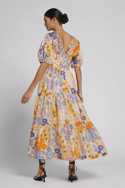 Floral Puff Sleeve V-Neck Maxi Dress