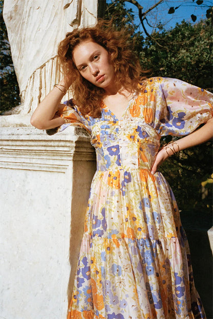 Floral Puff Sleeve V-Neck Maxi Dress