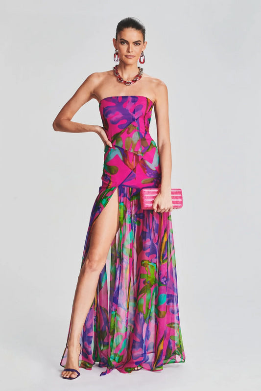 Floral Tube Top Slit Backless Maxi Dress