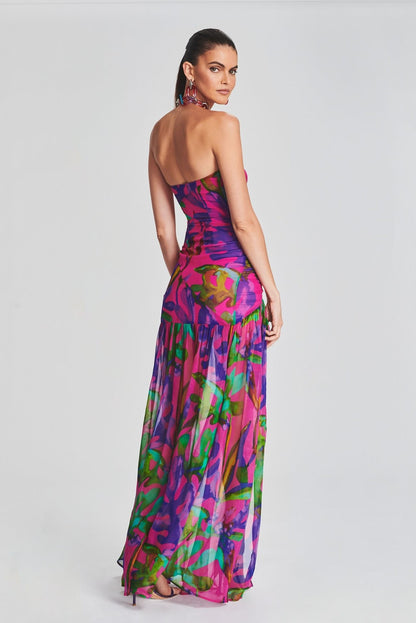 Floral Tube Top Slit Backless Maxi Dress