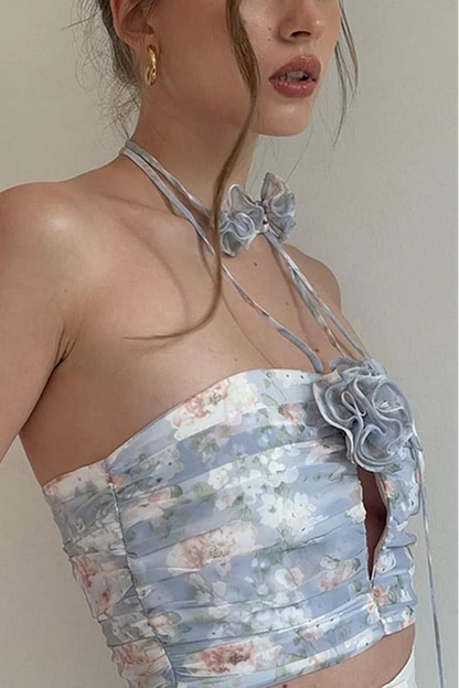 Floral Halter Neck Backless Top