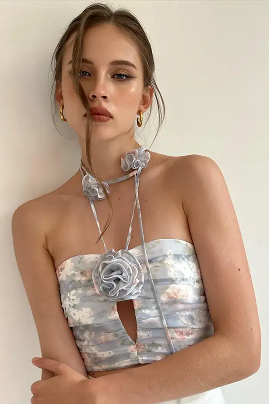 Floral Halter Neck Backless Top