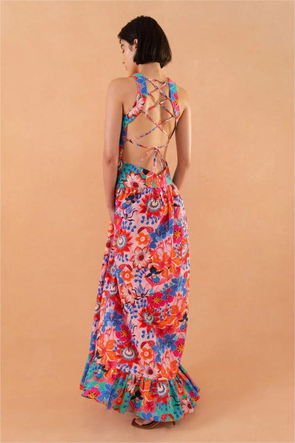 Floral Lace Up Ruffle Hem Maxi Dress