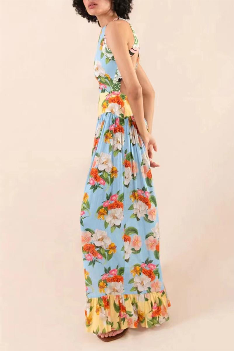 Floral Lace Up Ruffle Hem Maxi Dress