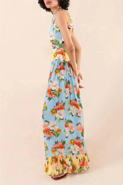 Floral Lace Up Ruffle Hem Maxi Dress