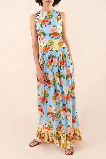 Floral Lace Up Ruffle Hem Maxi Dress