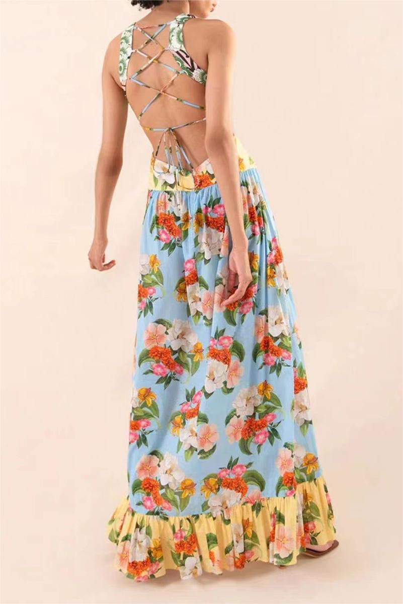 Floral Lace Up Ruffle Hem Maxi Dress