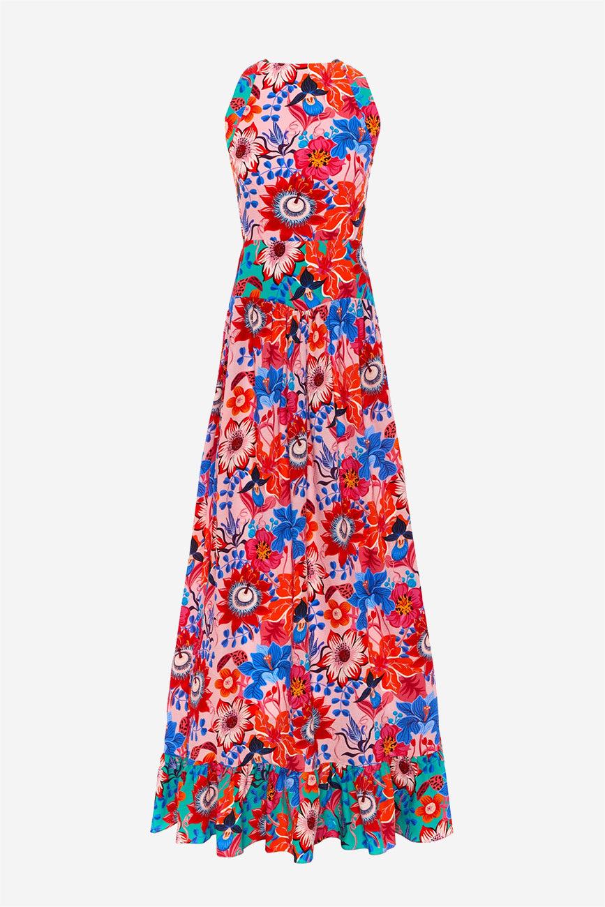 Floral Lace Up Ruffle Hem Maxi Dress