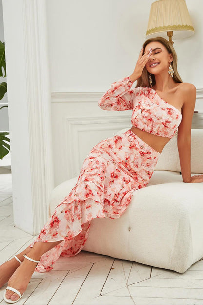 Floral One-Shoulder Long Sleeve Ruffle Maxi Skirt Two-Piece Set