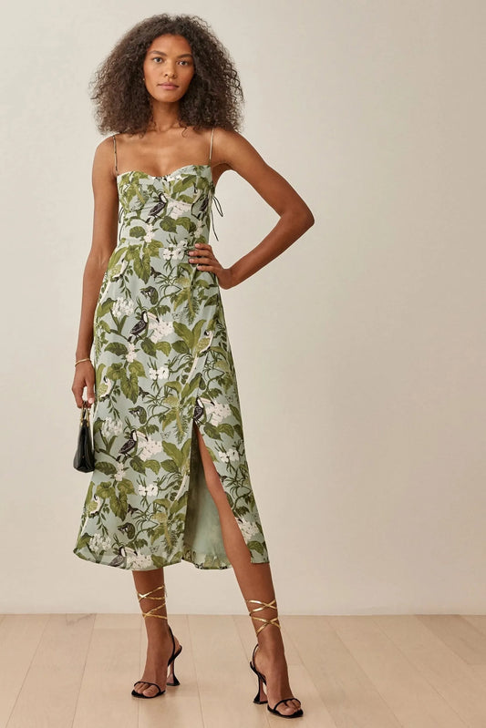 Floral Cami Slit Ruched Backless Mid Dress