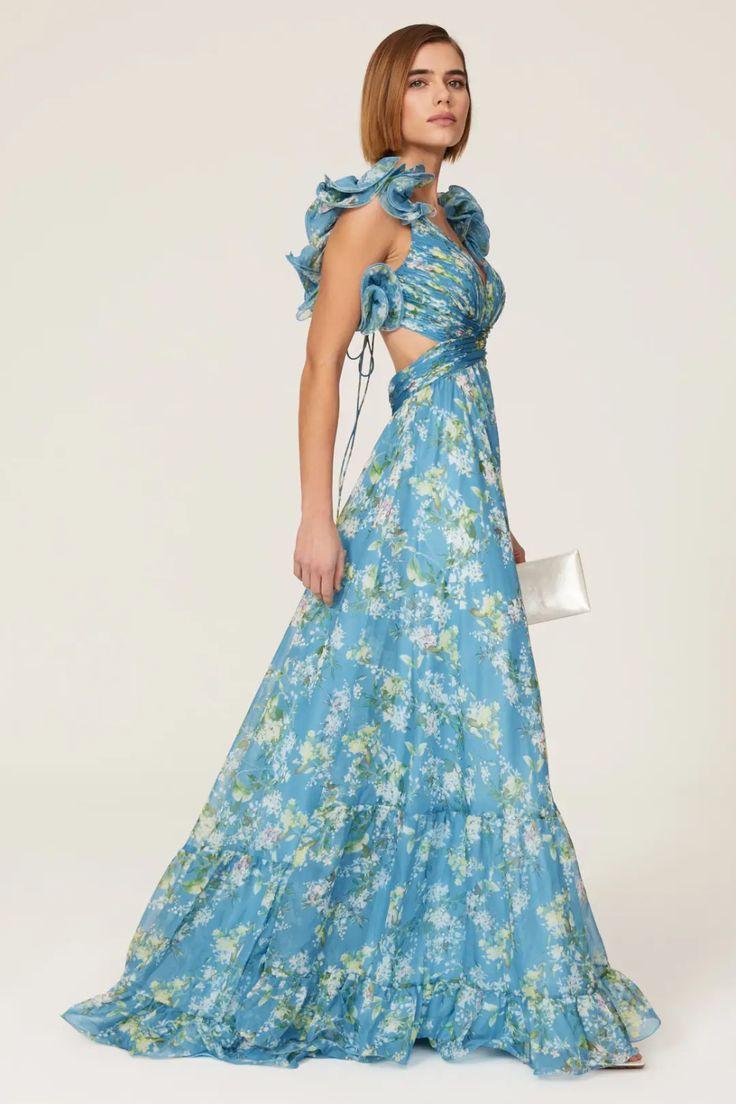 Floral V-Neck Cut-Out Ruffle Hem Maxi Dress Blue