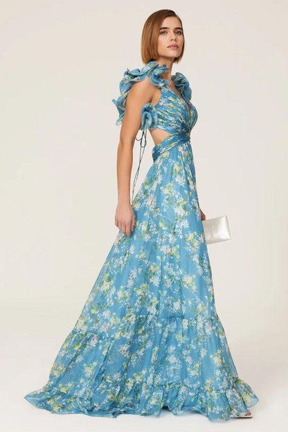 Floral V-Neck Cut-Out Ruffle Hem Maxi Dress Blue