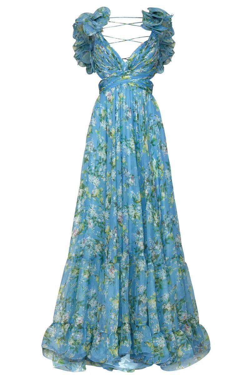 Floral V-Neck Cut-Out Ruffle Hem Maxi Dress Blue